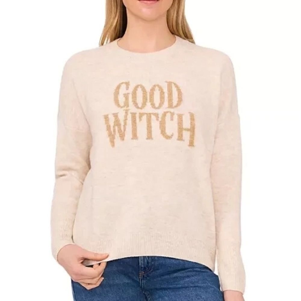 Vince Camuto Cream Crewneck Sweater 'GOOD WITCH' Medium (6356)